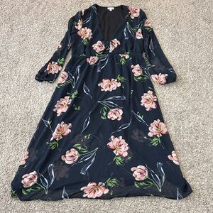 lovefire Dark Blue Floral Long Sleeve Dress with cutout